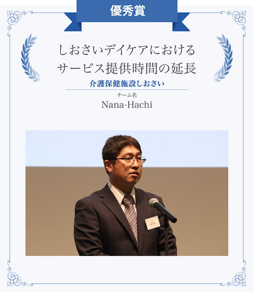 優秀賞　しおさいデイケアにおけるサービス提供時間の延長　介護保健施設しおさい　チーム名：Nana-Hachi