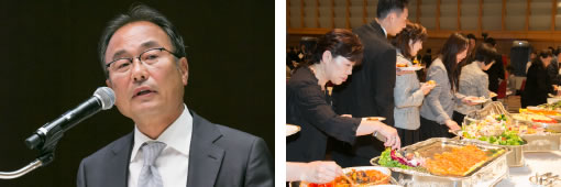 パーティーでお話しされる竹川理事長と会場の様子