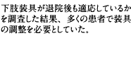 下肢装具が退院後も適応しているかを調査した結果、多くの患者で装具の調整を必要としていた。