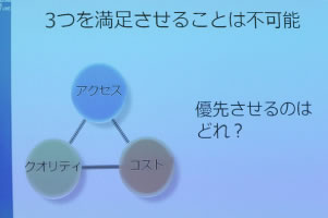 「アクセス」「クオリティ」「コスト」どれを優先させるのか。