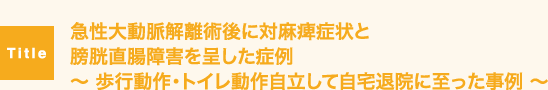 急性大動脈解離術後に対麻痺症状と膀胱直腸障害を呈した症例〜 歩行動作・トイレ動作自立して自宅退院に至った事例 〜