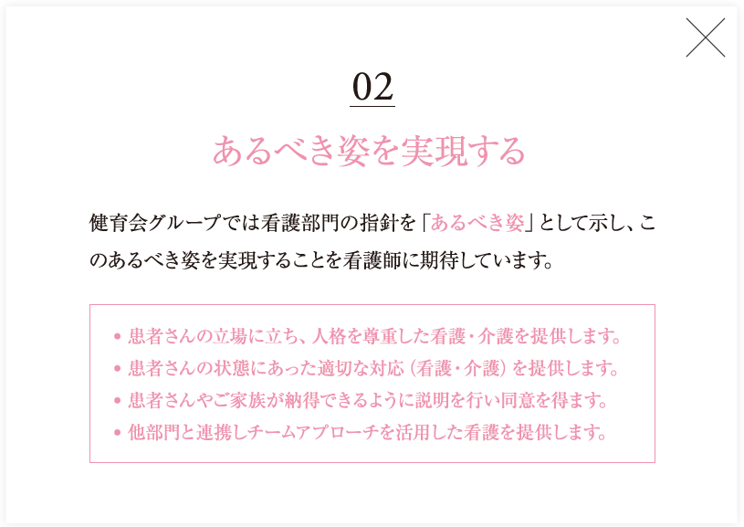 02　あるべき姿を実現する　健育会グループでは看護部門の指針を「あるべき姿」として示し、このあるべき姿を実現することを看護師に期待しています。1.患者さんの立場に立ち、人格を尊重した看護・介護を提供します。　2.患者さんの状態にあった適切な対応（看護・介護）を提供します。　3.患者さんやご家族が納得できるように説明を行い同意を得ます。　4.他部門と連携しチームアプローチを活用した看護を提供します。