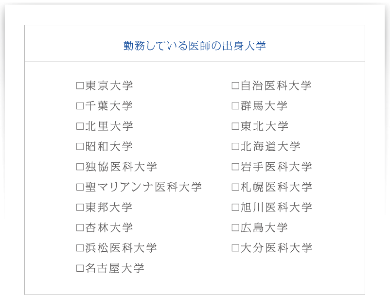 勤務している医師の出身大学　東京大学、千葉大学、北里大学、昭和大学、独協医科大学、聖マリアンナ医科大学、東邦大学、杏林大学、浜松医科大学、名古屋大学、自治医科大学、群馬大学、東北大学、北海道大学、岩手医科大学、札幌医科大学、旭川医科大学、広島大学、大分医科大学